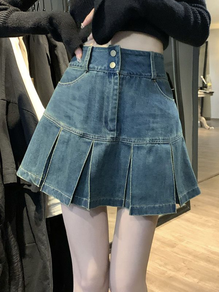 Skirts Fairycore Y2k Aesthetics A-line Patch Work Fold Ski High Waist Ultra Thin Vintage Denim Ski Harajuku Street Fashion Faldas 230408