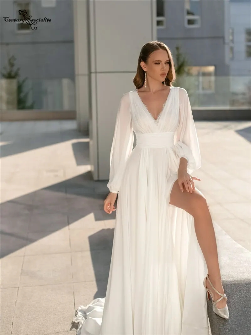 Sexy High Split Wedding Dress For Women 2024 Bride Summer Beach V-Neck Lace Bridal Gowns Puff Sleeve Vestido De Novia