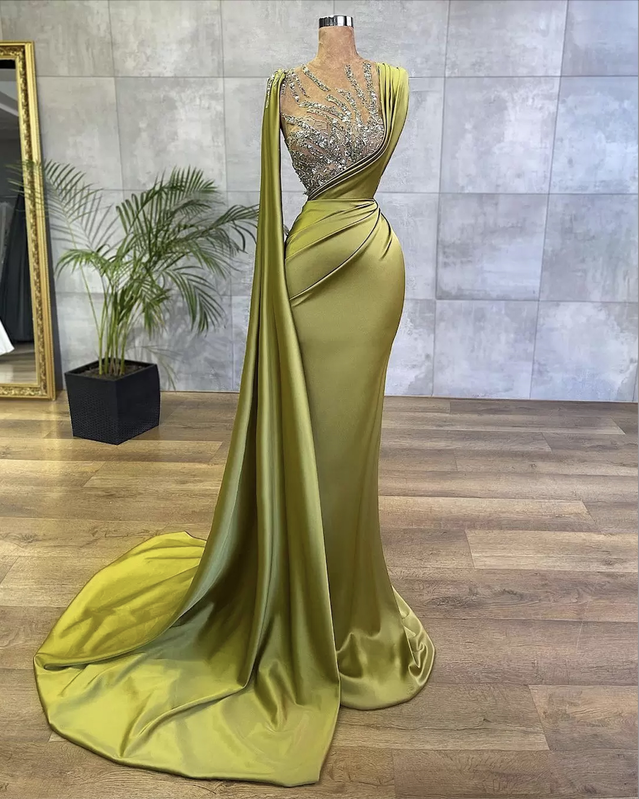 Arabic Lemon Green Satin Mermaid Evening Prom Dresses Sheer Mesh Top Sequin Beads Ruched Formal Occasion Wear Gold Hunter Sheer Neck Sweep Train Robe 