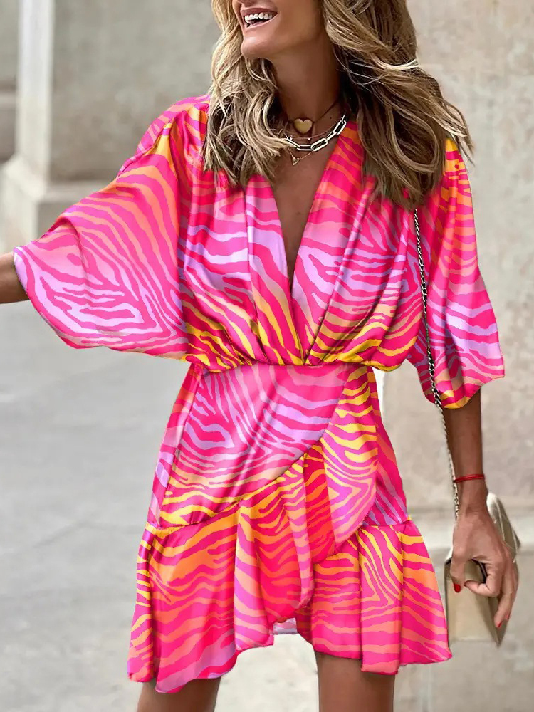 Women's Casual Bohemian Mini V-Neck Bat Sleeve Ruffled Sun Dress For Vacation, Jersey Print A-E Dress, Spring Fashion