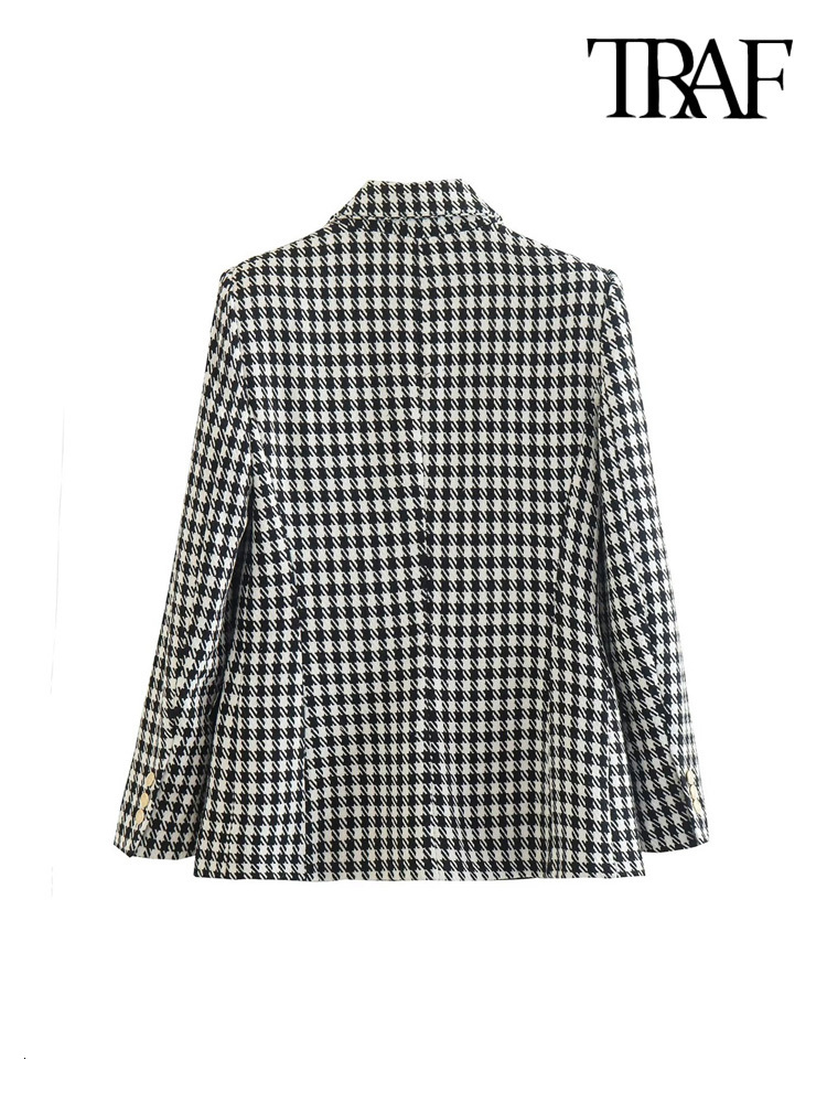 Women s Suits Blazers TRAF Women Fashion Double Breasted Houndstooth Blazer Coat Vintage Long Sleeve Flap Pockets Female Outerwear Chic Vestes 230407