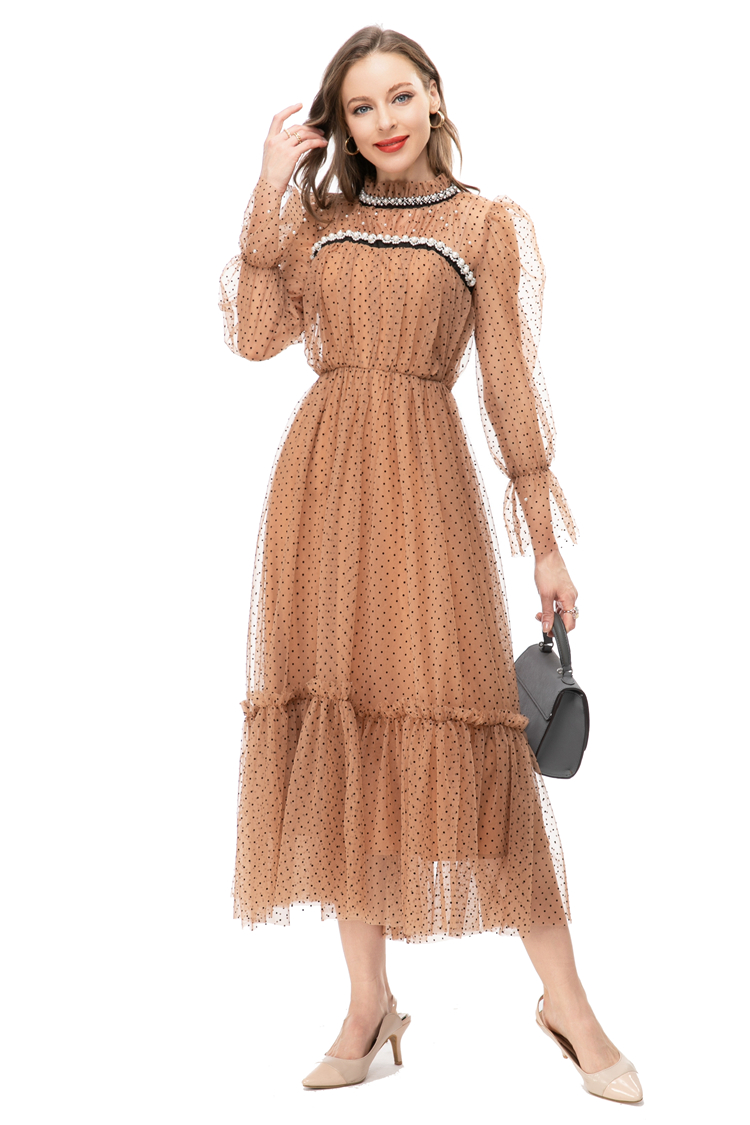 Women's Runway Dresses Stand Collar Long Sleeves Beaded Polka Dots Layered Fashion Vestidos