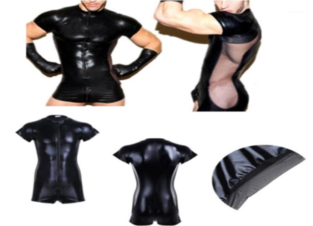 Men's G-Strings Wetlook Latex Catsuit Leather Man Jumpsuits Black Stretch PVC Mesh Bodysuits Sexy Clubwear Men Open Crotch Body Suit1