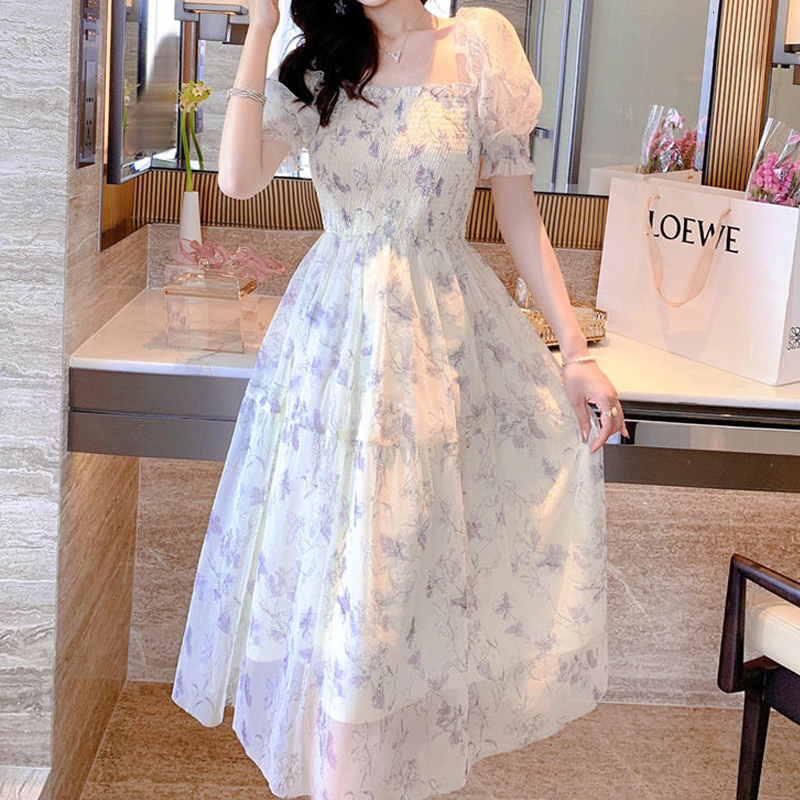 Casual Dresses Leisure Printed Party Dress Elegant Women's Dress Sweet Short Sleeve Chiffon Long Dress Summer Costume Vestidos 20044 230408
