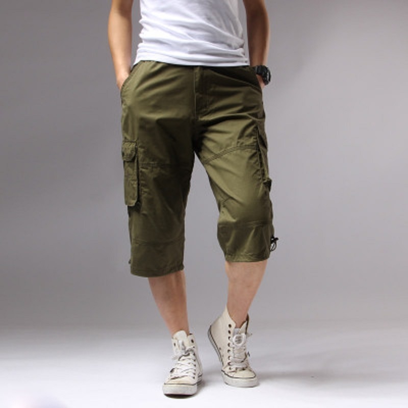 Men's Shorts Long distance cargo shorts men's knee pockets casual cotton elastic waist Bermuda men's military style summer Breeze Army 