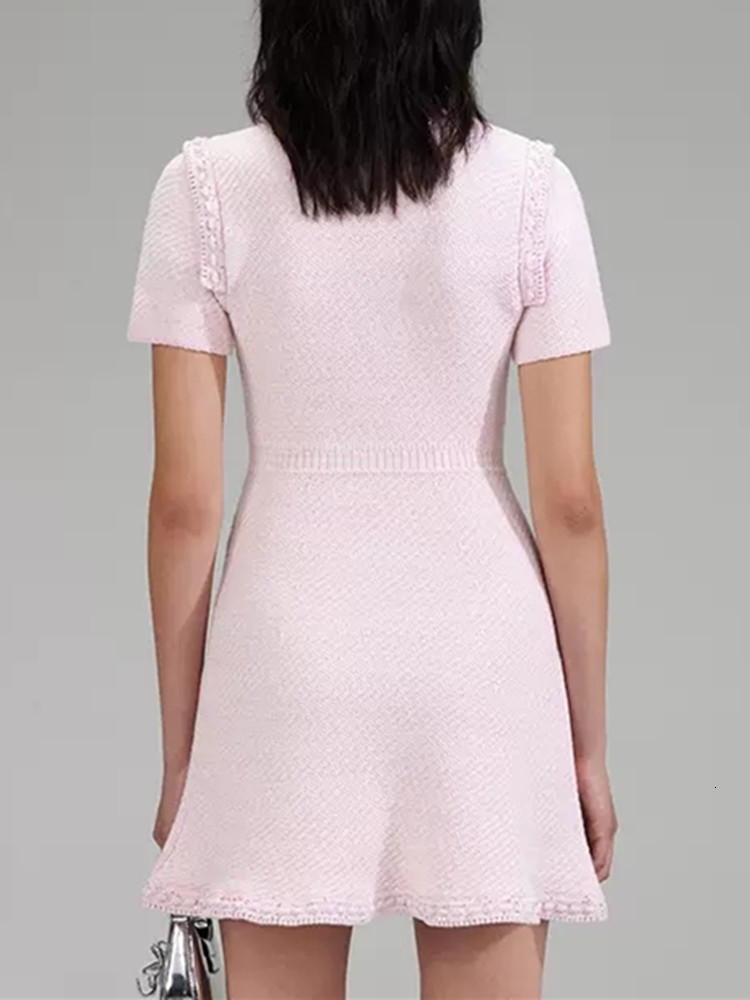 Casual Dresses Women's round neck pink knitted dress with diamond buttons short sleeved V-neck women's mini robe 230408