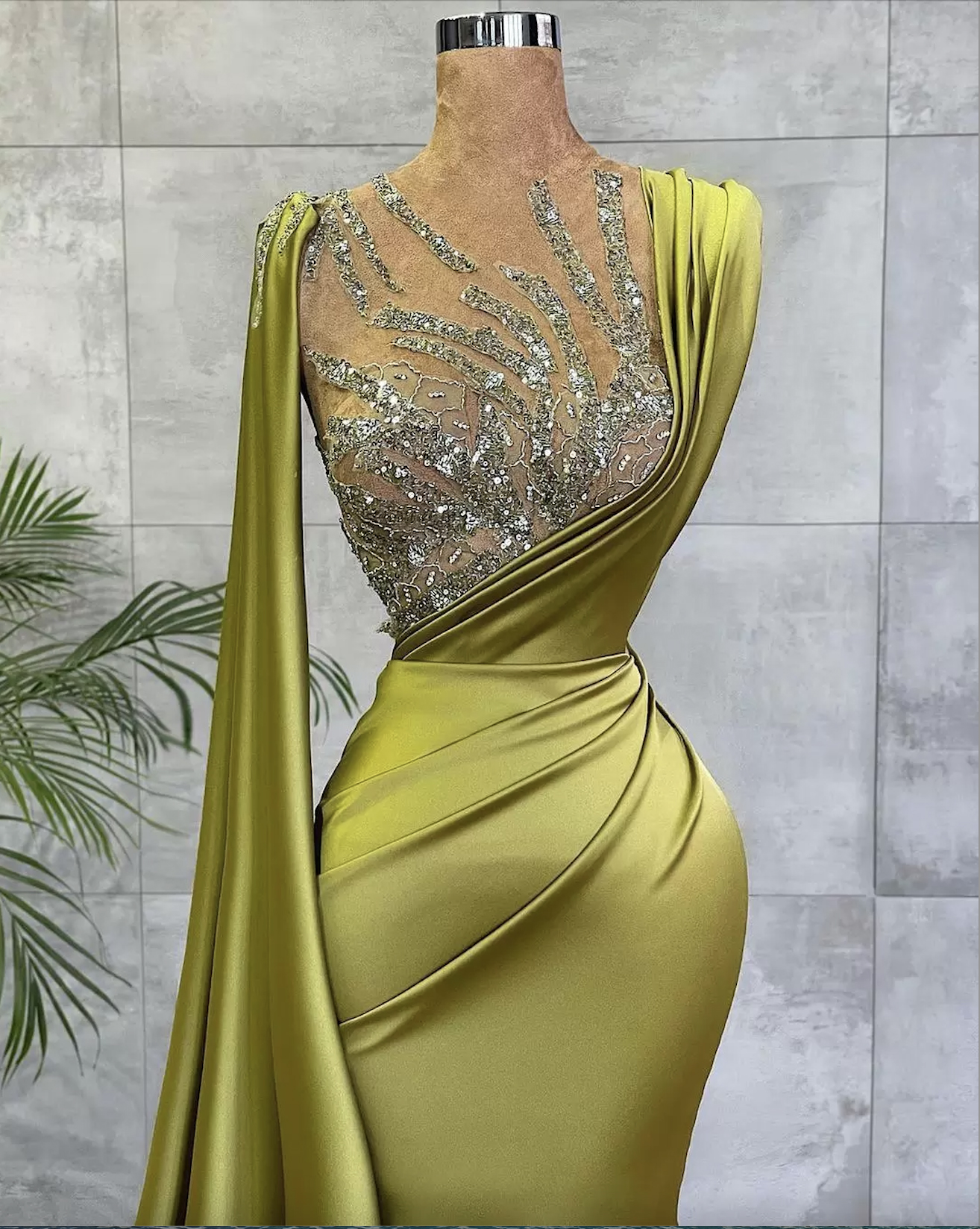 Arabic Lemon Green Satin Mermaid Evening Prom Dresses Sheer Mesh Top Sequin Beads Ruched Formal Occasion Wear Gold Hunter Sheer Neck Sweep Train Robe 