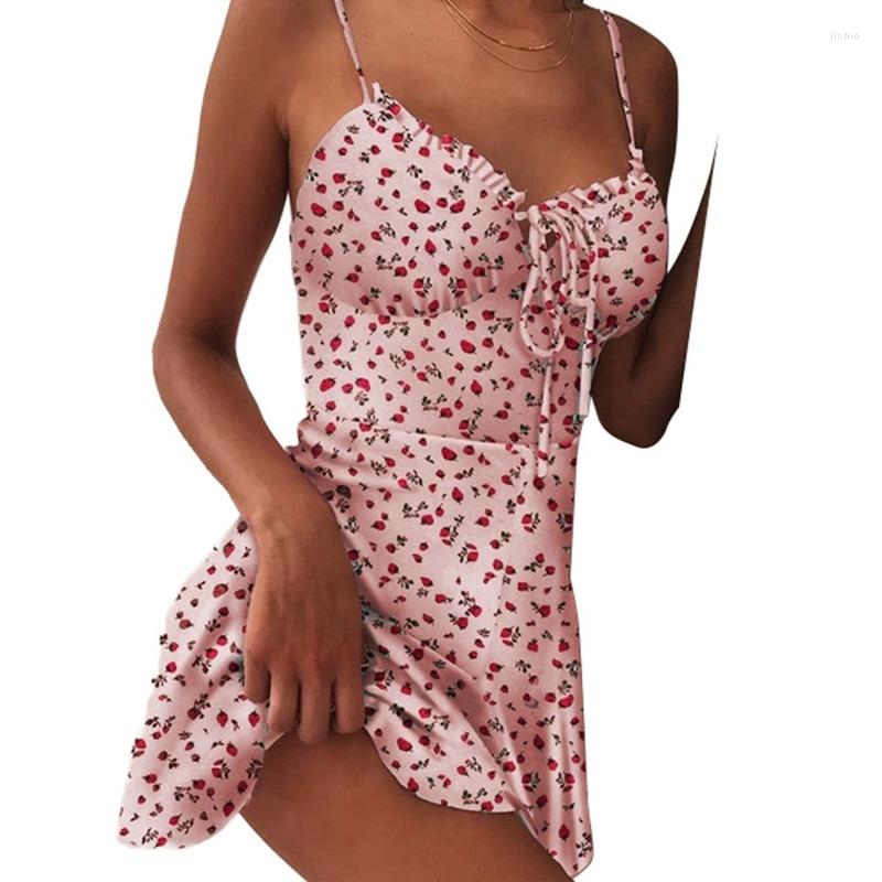 Casual Dresses 2023 Summer Strawberry Print Sweet Sling Dress For Women Fashion V-neck Lace-up Spaghetti Strap Boho Party Daily Sundresses