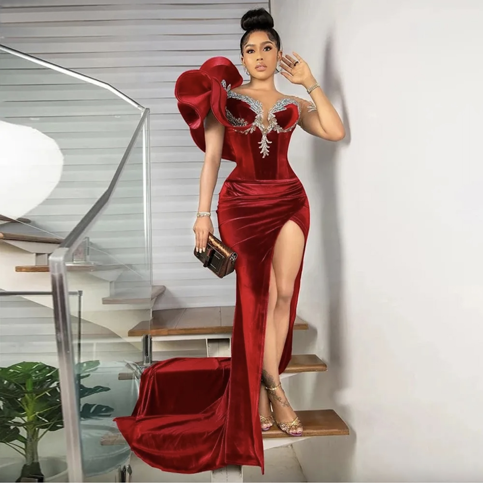 Arabic Dubai Prom Dresses Burgundy Velvet One Shoulder Ruffles Plus Size Evening Gowns Sequins Side Split Sexy Vestidos De Festa Trumpet Skirt Formal 