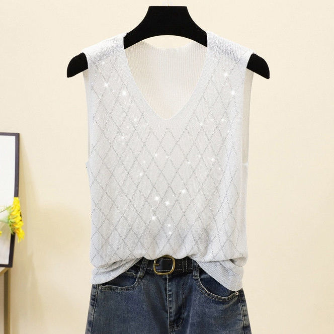 Camisoles Tanks Sexy Shiny Knitted Top Summer V-neck Diamonds Tank Top Women Slim Top Female Bling Sleeveless T-shirt Vest Camis 230413