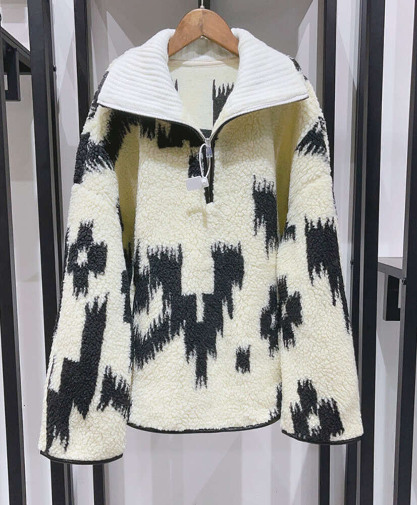 23AW Isabel Marant Women Wool Blends Niche Designer Jacket Classic Style Printed Vintage Half Zippered Collar Fleece Casual Versatile Sweater Out