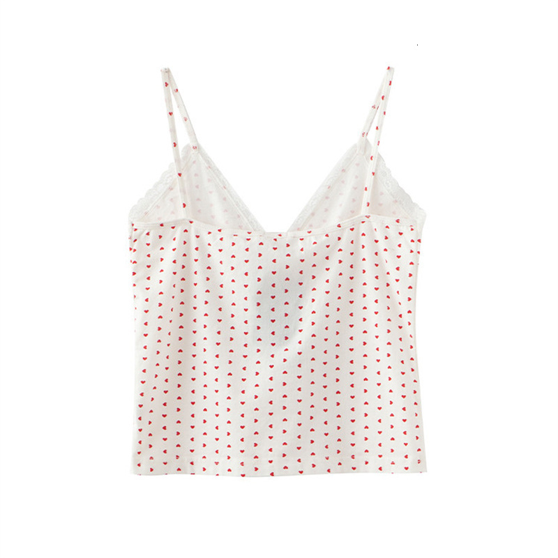 Camisoles Tanks Women Heart Print Camis V Neck Lace Patchwork Sweet Slim Spring Fashion Ladies Sexy Crop Tops Casual Girls Y2K Top Cute 230413