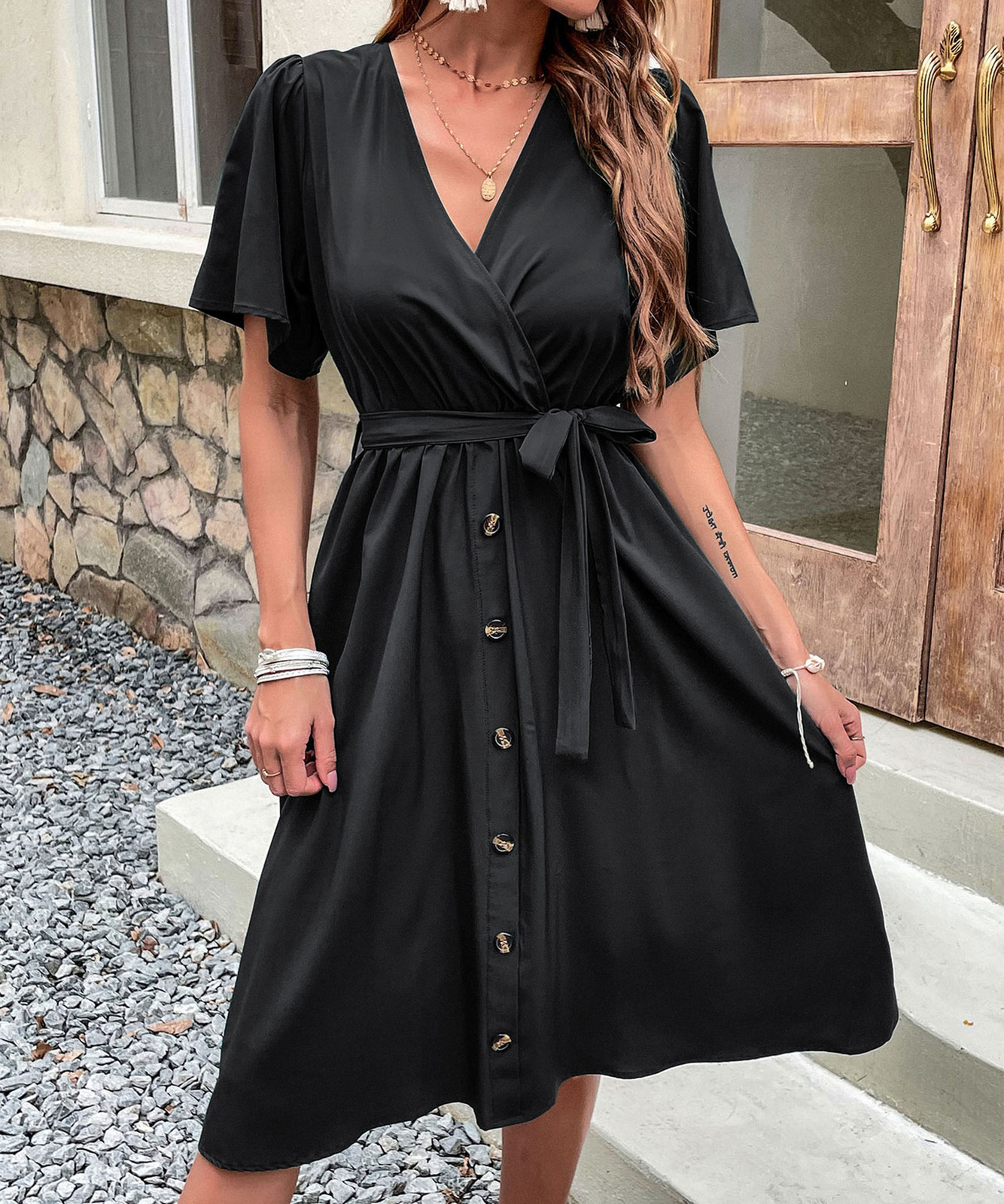 Casual Dresses JIM NORA Women's Summer Elegant V-neck Ruffled Midi Dress Short Sleeve Solid Button Casual Green Dress with Fashion 230408