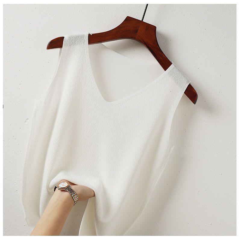 Camisoles Tanks Ice Silk Camisole Women Summer Intside V-Neck Sexy Thin Sleeveless Bottoming Vest Casual Loose Knitwear Solid Slit Tank Tops 230413