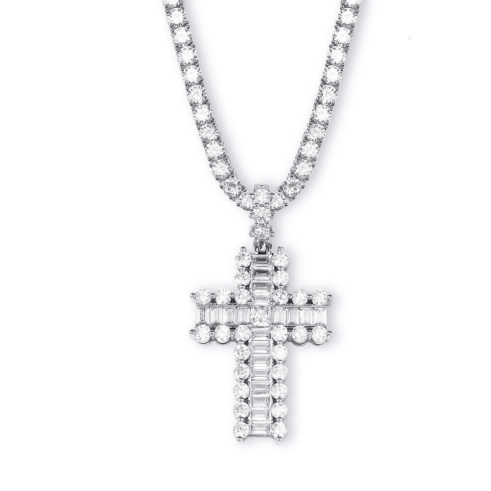 Ins Cross Pendant Square Round Zircon Double Cross Necklace Baguette Cubic Zirconia Icecd Out 18k Gold Hip Hop Punk Jewelry Bling Gemstone Rapper Jewe