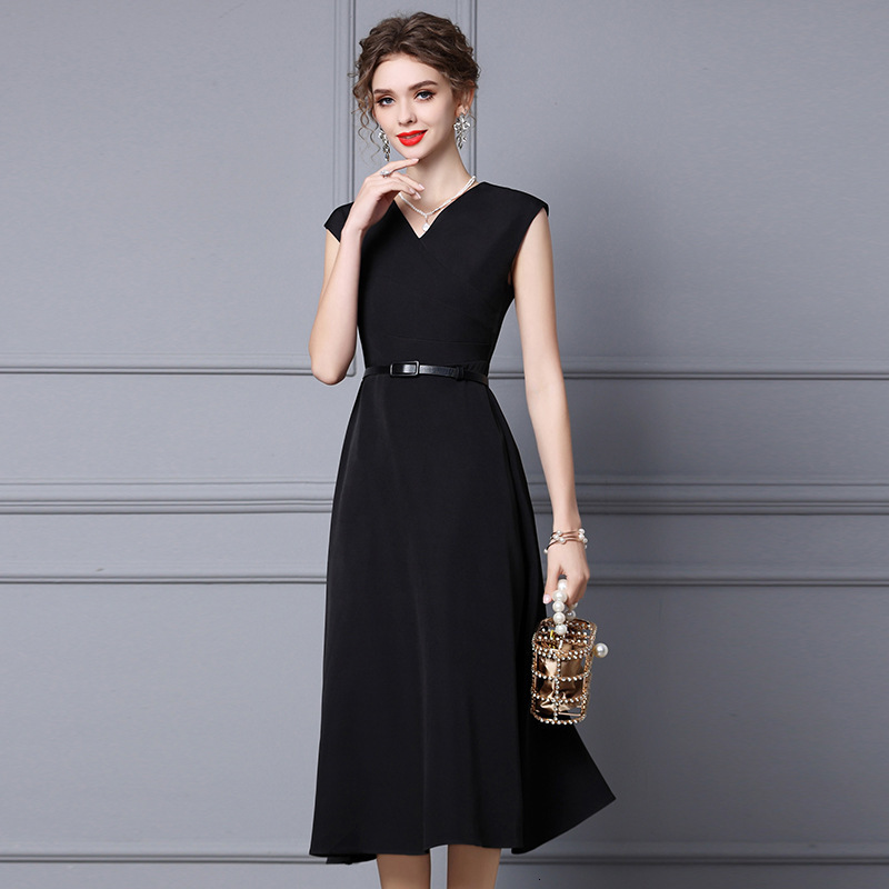 Casual Dresses Black Fashion Elegant Dress Women's Summer Hepburn Style Sleeveless Belt Long V-neck A-Line Dress 230408
