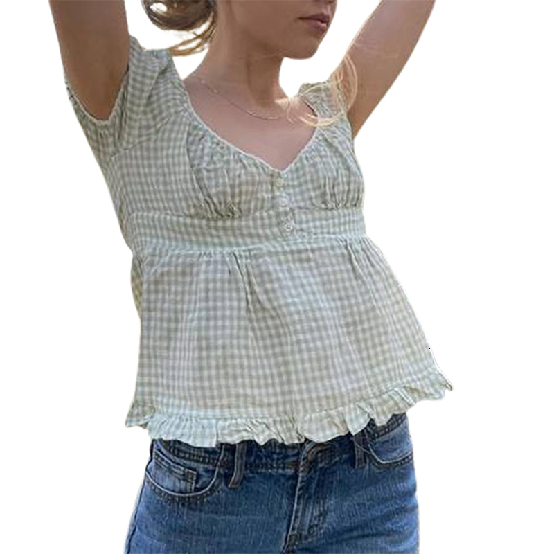 Women s T Shirt Summer Short sleeved T shirt Solid Color Check Low necked Pleated Hem Casual Tops 230407