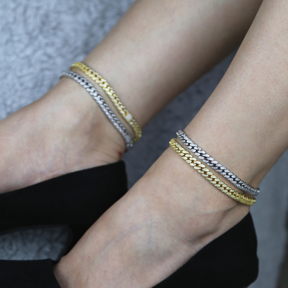Anklets 6.5mm Width Iced Out Bling 5A Cubic Zirconia Cuban Link Chain Anklet For Women Girls Summer Beach Thin Foot Chain Anklet 9" 10" 2304