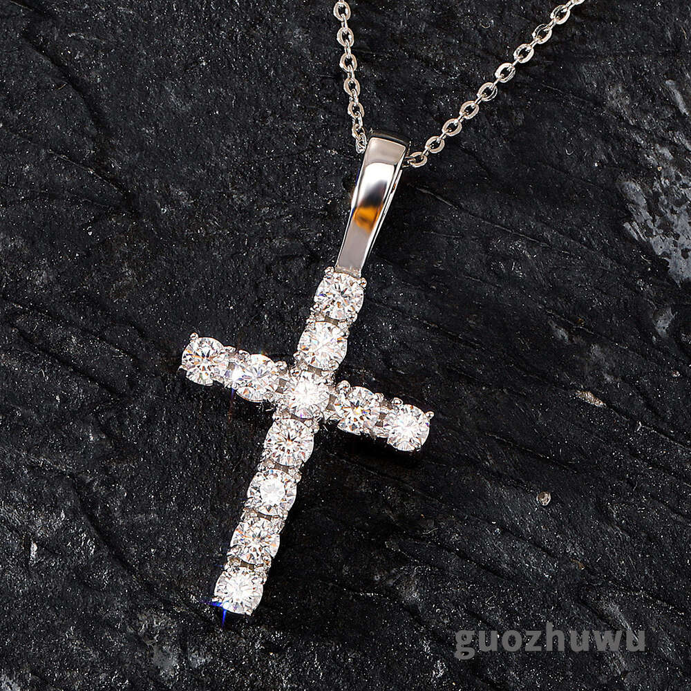 S925 Sterling Silver prong moissanite Cross Pendant Necklace Versatile Neckchain fine quality bling diamond Gemstone Rapper necklaces Wolf Tide Jewelr