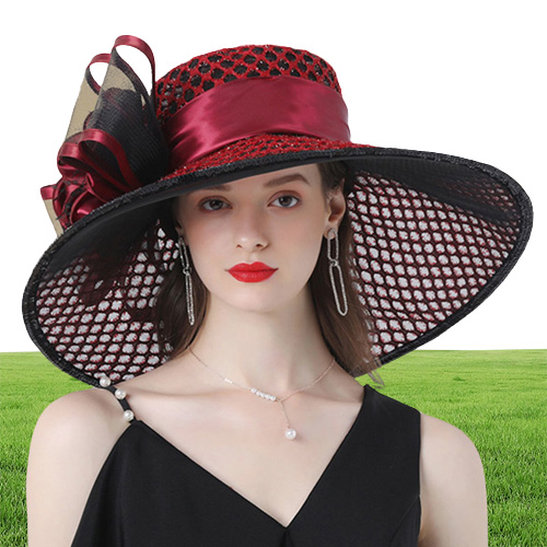 FS Purple Ladies Fascinator Hats Wedding Kentucky Derby Hats For Women Flower Hats Large Wide Brim Fedora Organza Hat Church 20110