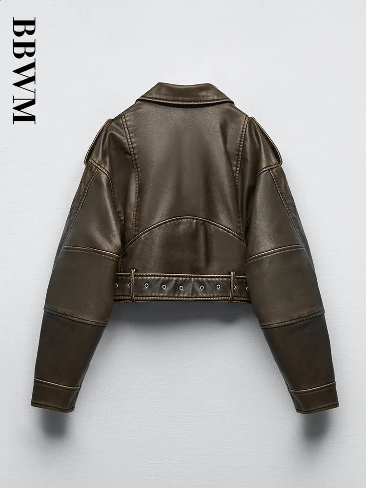 Women's Jackets TRAF Women Oversized Vintage Loose Pu Faux Leather Short Jacket with Belt Streetwear Female Zipper Retro Moto Biker Coat Outwear 