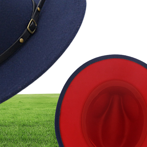 British Style Navy Blue Red Patchwork Felt Jazz Hat Cap Men Women Flat Brim Wool Blend Fedora Hats Panama Trilby Vintage Hat
