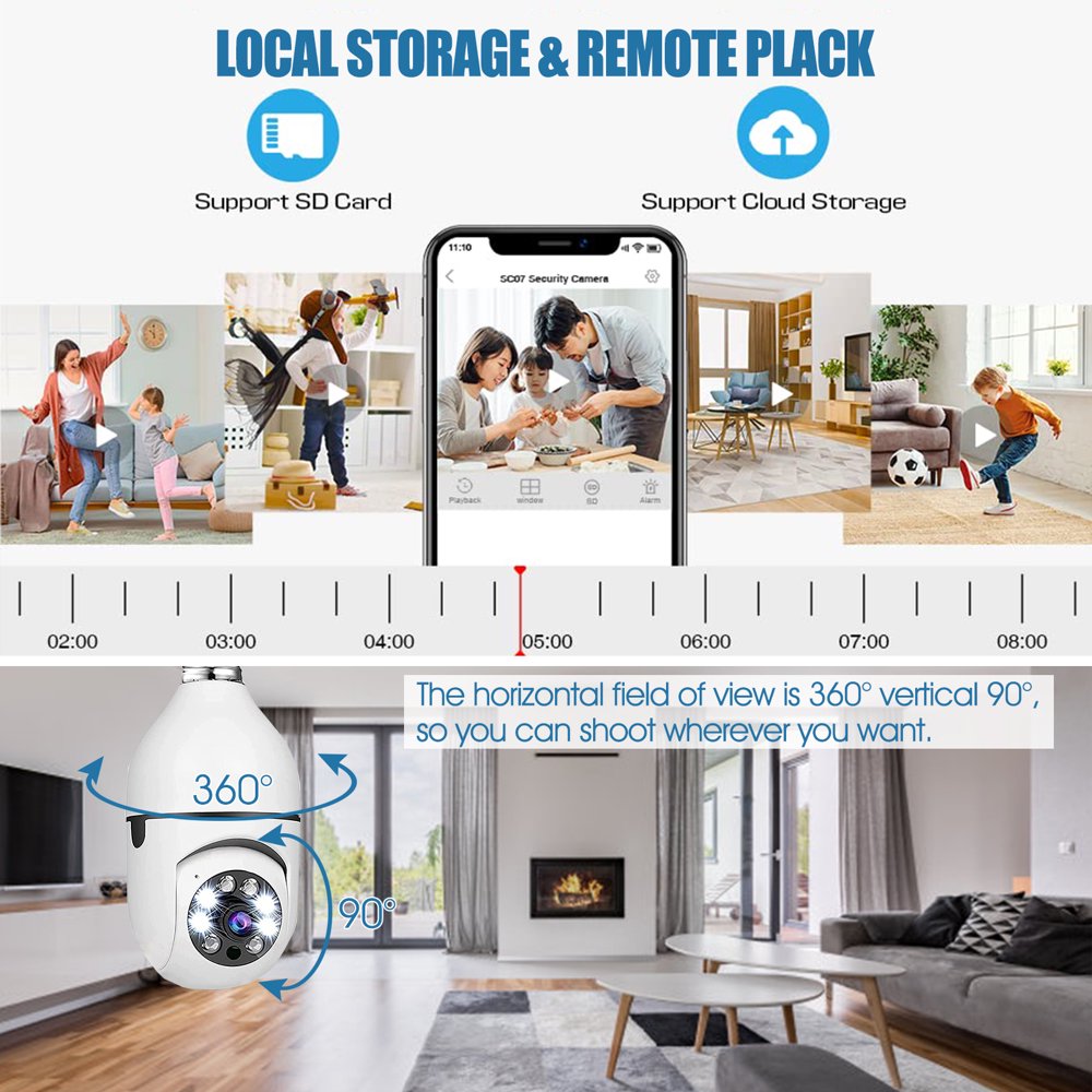 Camera Outdoor/Indoor 1080P Wireless Light Bulb Wi-Fi Smart Cameras 360° View with 32G Memory Card Night Vision Two Way Talk Motion Detec