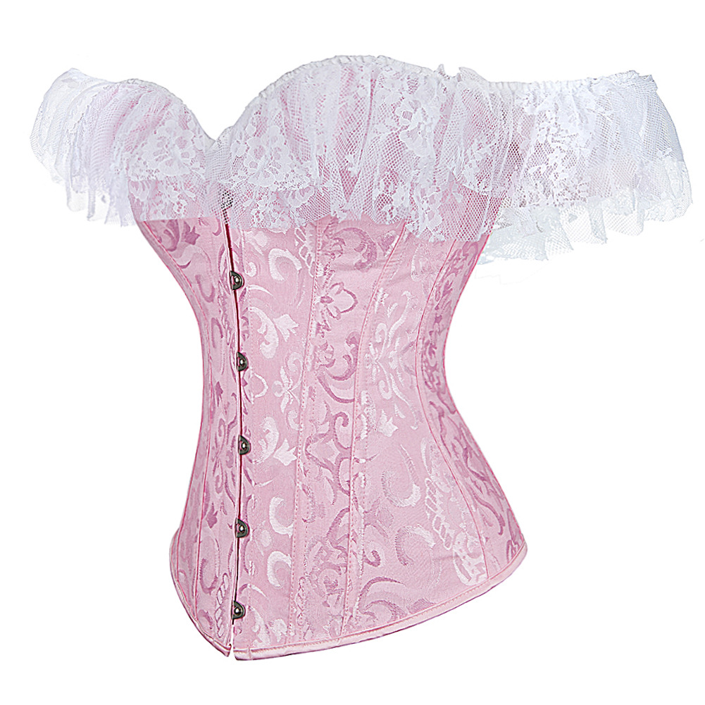 Women Gothic Jacquard Lolita Overbust Corset Top with Lace Off-shoulder Sleeves Plus Size Fashion Shapewear Victorian Corpete Korset Clubwear Multicol