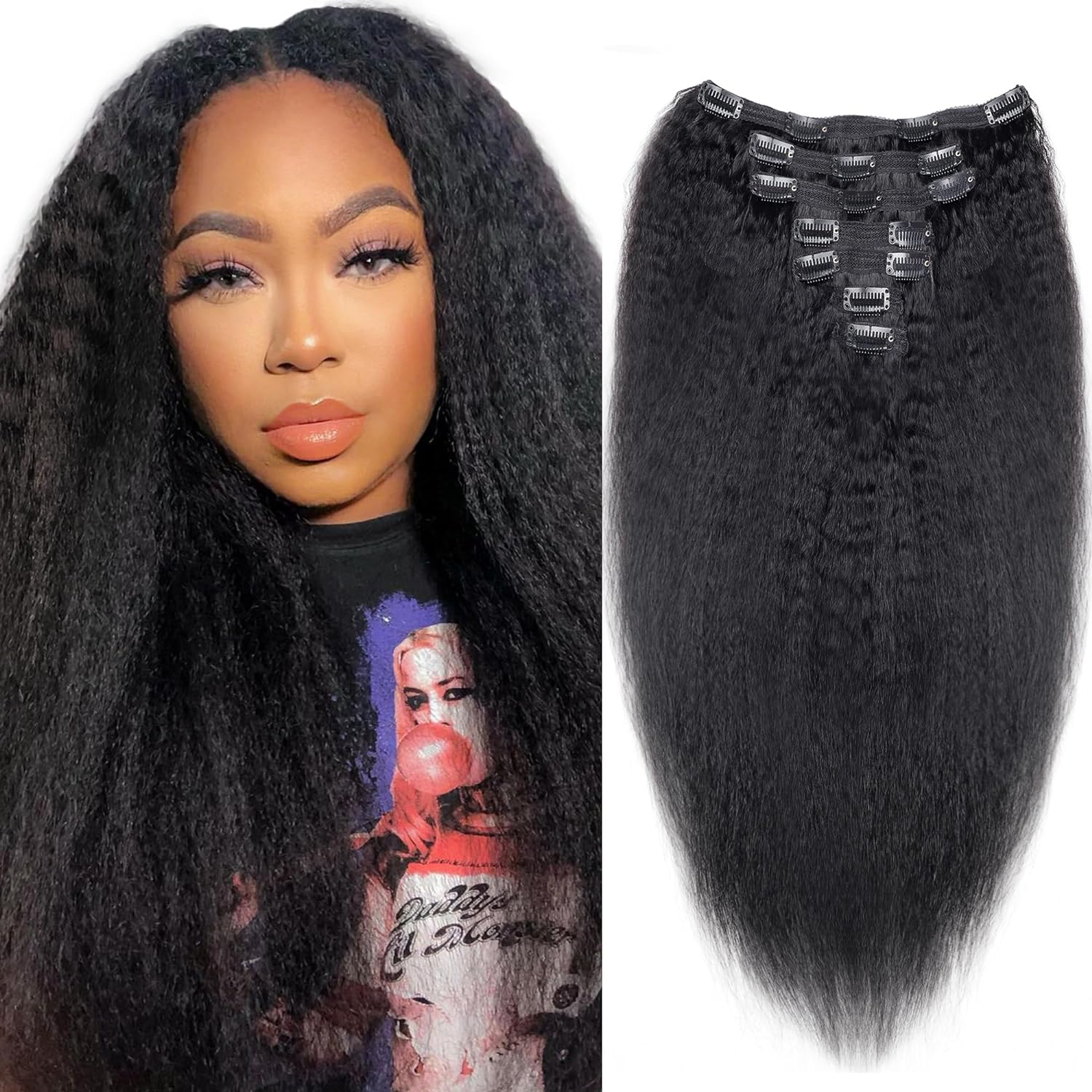 Kinky Straight In Extensions Real Remy Human Hair Brazilian Clip Ins Extension For Women 140G