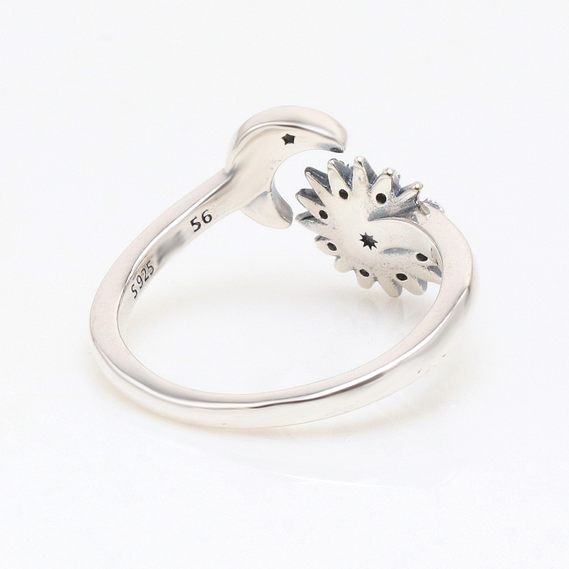 Unisex Vintage Style Sterling Silver Crystal Ring - Festive Sun Moon Motif