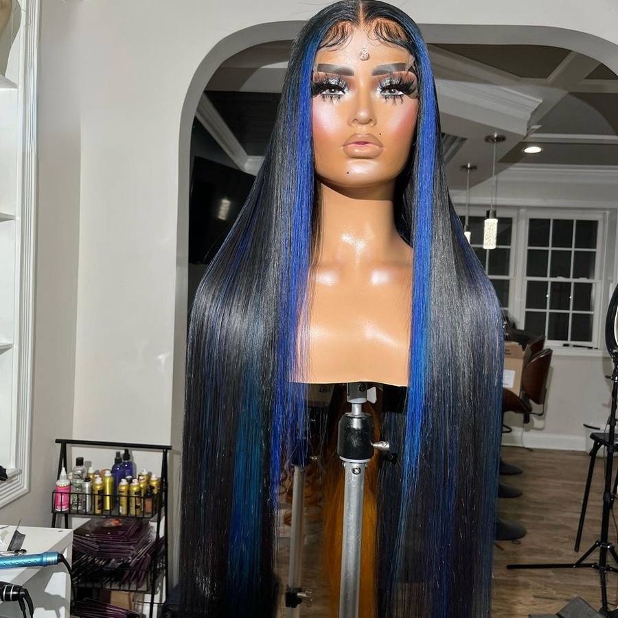Blue Ombre Human Hair Wigs 13x4 Transparent Lace Frontal Wig Brazilian Body Wave Lace Front Wig Straight Synthetic Closure Wig