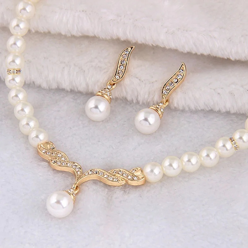 Stud Creative Gold Color Necklace 1 Pair Earrings Wedding Bridal Pearl Jewelry Set For Women Lady Female 231109