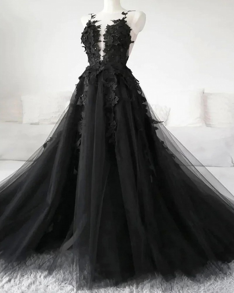 2024 Gothic Black Formal Prom Dress Sexy Backless High Side Split A-line Appliques Lace Evening Party Gowns Customed Robes De Soiree