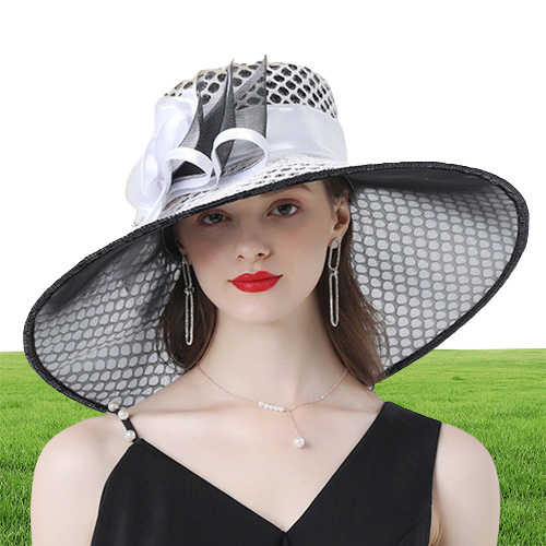 FS Purple Ladies Fascinator Hats Wedding Kentucky Derby Hats For Women Flower Hats Large Wide Brim Fedora Organza Hat Church 20110