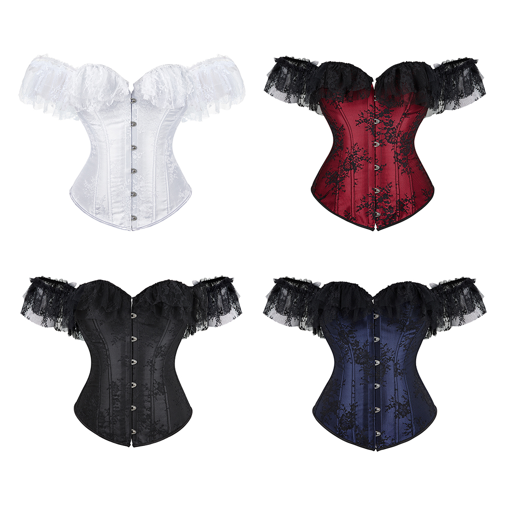 Women Gothic Jacquard Lolita Overbust Corset Top with Lace Off-shoulder Sleeves Plus Size Fashion Shapewear Victorian Corpete Korset Clubwear Multicol