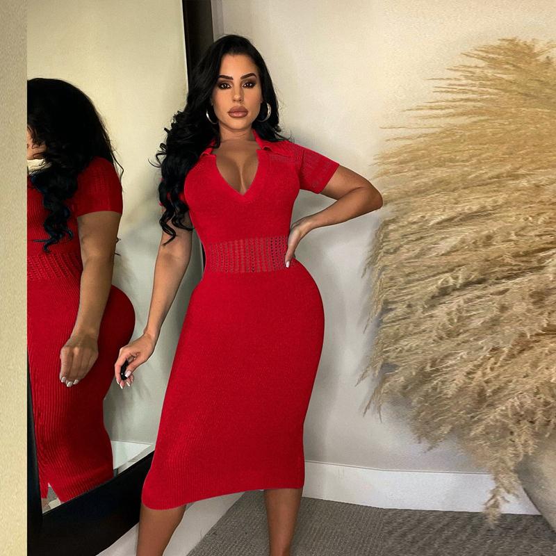 Casual Dresses Women Knit Crochet Midi Dress 2024 Summer Short Sleeve Turn Down Collar Skinny Package Hip Sexy Club Party Streetwear