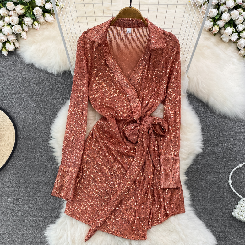 2024 Casual Dresses Sequined Women Dresses Long Sleeve Bandage Solid Vintage Bow Vestidos Mujer Korean Spring Autumn Mini Dress Sexy