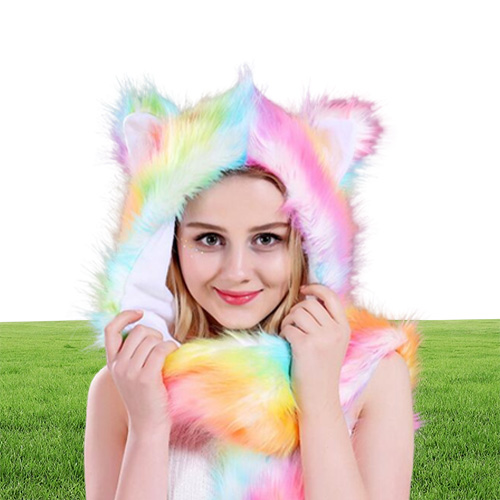 Faux Fur Hood Animal Hat Ear Flaps Hand Pockets 3 in1 Animals Hood Hats Warm Cap With Scarf Gloves