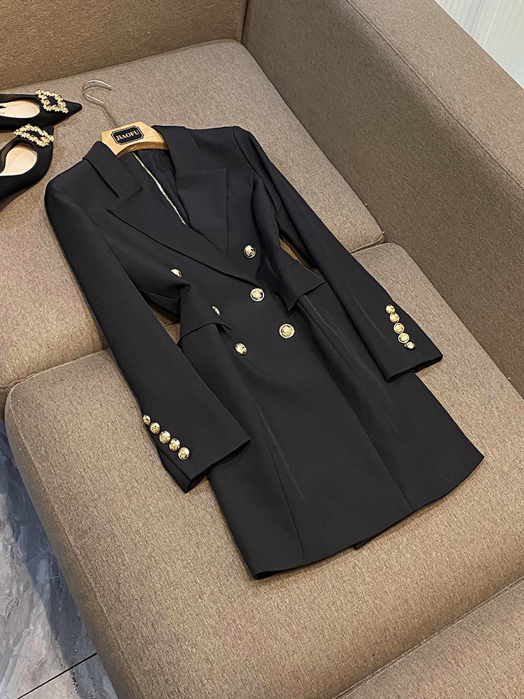 2023 Spring Black Solid Color Blazers Dress Long Sleeve Notched-Lapel Buttons Double-Breasted Casual Dresses S3A091031