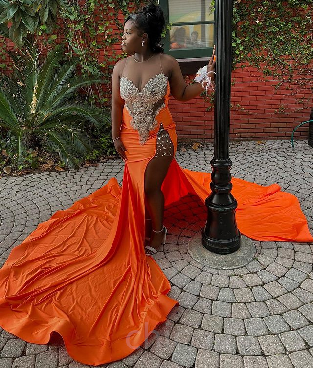 April Aso Ebi Orange Mermaid Prom Lace Beaded Crystals Evening Formal Party Second Reception Birthday Engagement Gowns Drs Robe De Soiree ZJ 6660306
