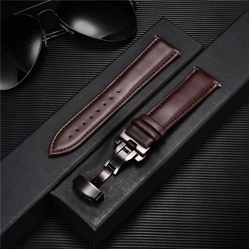 Watch Bands Leather Watch Band 18mm 20mm 22mm 24mm Straps Stainless Steel Butterfly Buckle Clasp Leather Bracelet Black Brown Wristband Belt 231109