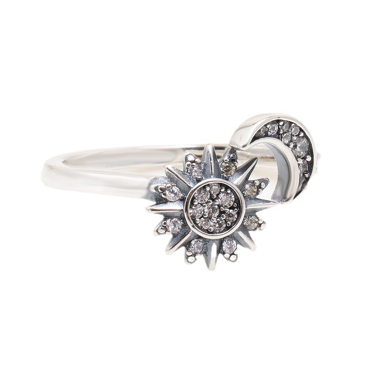 Unisex Vintage Style Sterling Silver Crystal Ring - Festive Sun Moon Motif