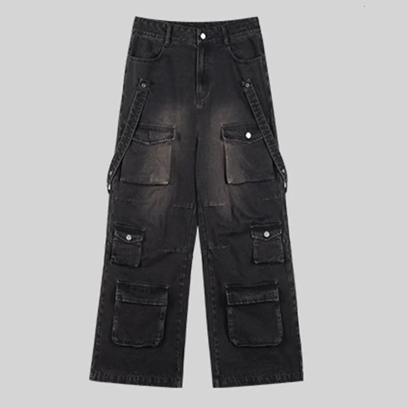 Men's Jeans PFNW Summer Men's American High Street Multi Pocket Wide Leg Jeans Loose Hip Hop Straight Techwear Denim Handsome Pants 12Z1496 