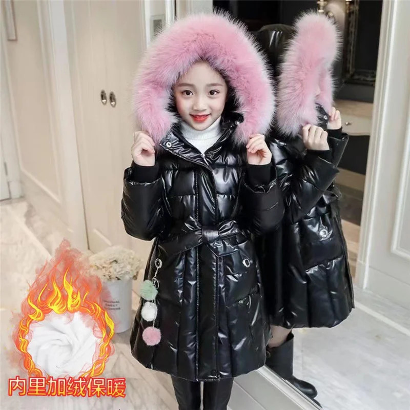 Down Coat Glossy Thick Warm Coats Winter Big Kids Hooded Fleece Warm Outerwear Cashmere Parka Snowsuit Jackets Girls Cotton Clothes 231108