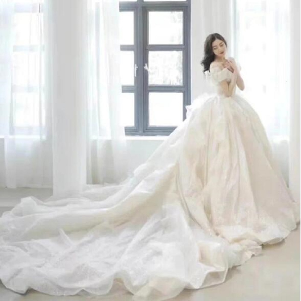 4030 2024 Elegant Shine Crystal Wedding Dress New Off The Shoulder Bridal Gowns Brush Train Size Customized