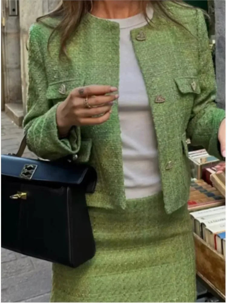 Women's Jackets Green Cropped Tweed Skirt Jacket Chic Outfits Single Breasted Pockets Coat Slim Short Skirts Sets Autumn Elegant Women Suits 2311