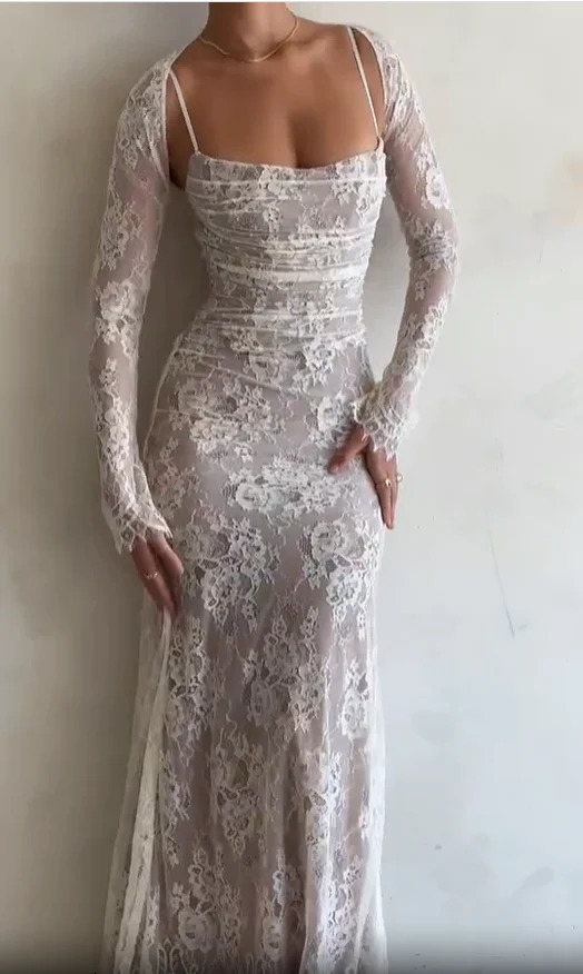 Basic Casual Dresses Elegant Lace Embroidery Sling Maxi Dress Women Fashion Sleeveless Back Bandage Bodycon Female Solid Party Club Robe 231109