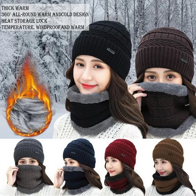 BeanieSkull Caps TwoPiece Set Fashion Women Knitted Hat Scarf Neck Warmer Winter Hats For Men Skullies Beanies Warm Fleece Cap 231109