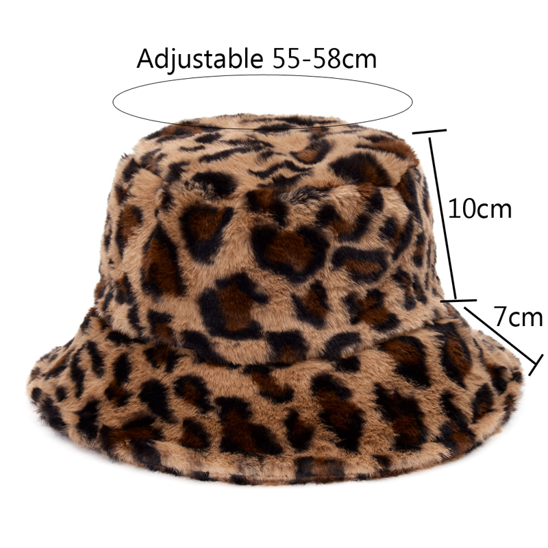 Wide Brim Hats Bucket Hats Winter Cow Leopard Faux Fur Fluffy Bucket Hats Women Outdoor Warm Sun Hat Soft Velvet Furry Fisherman Cap Girl Fashion Pana