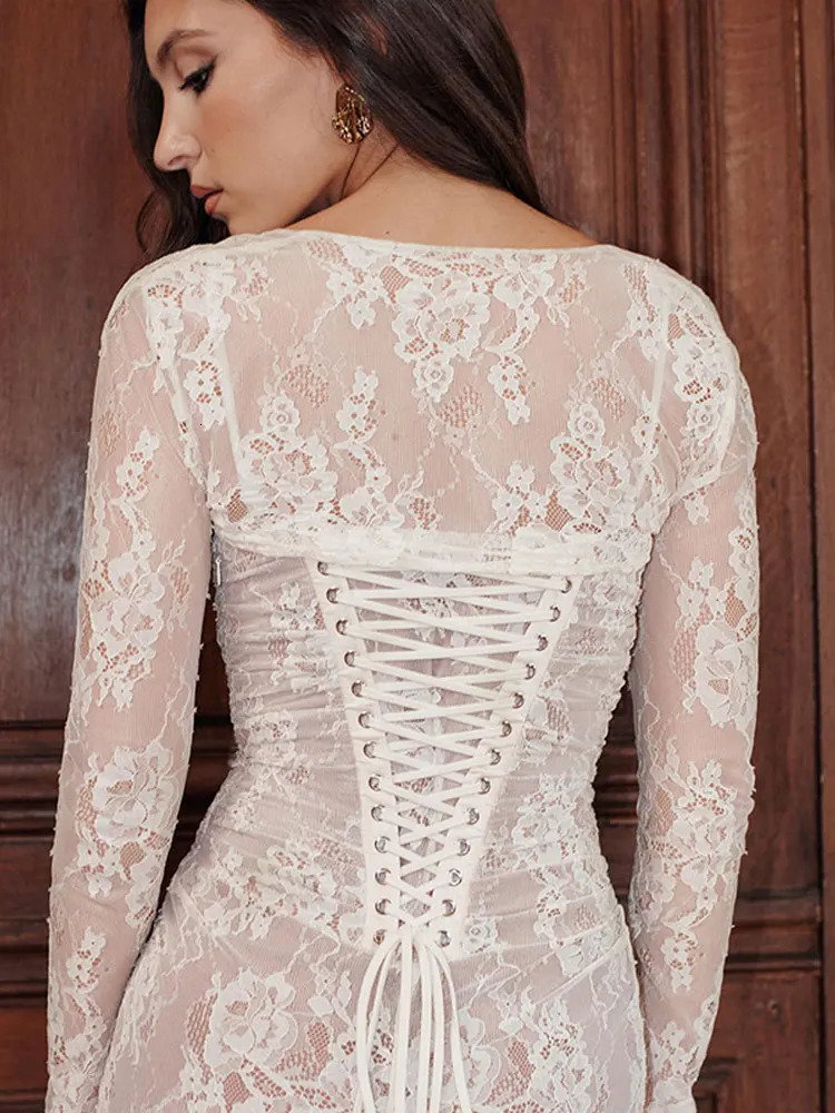 Basic Casual Dresses Elegant Lace Embroidery Sling Maxi Dres Fashion Sleeveless Back Bandage Bodycon 2023 Female Solid Party Club Robe 231109